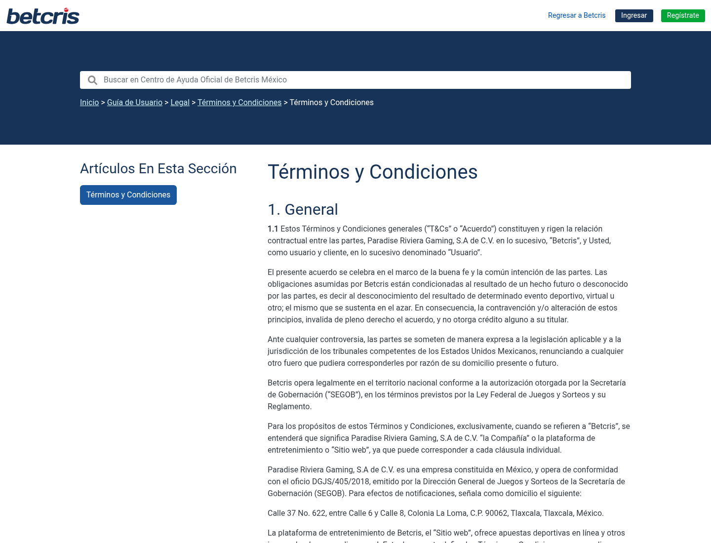 Captura real de los términos de Betcris México consultados el 11 de agosto de 2026
