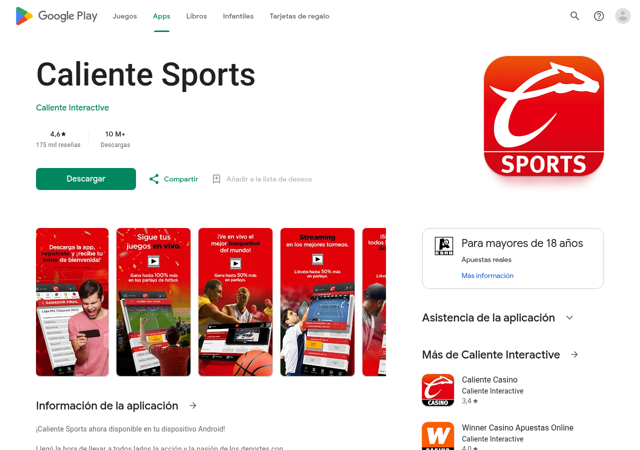 Ficha pública de Caliente Sports en Google Play capturada el 11 de agosto de 2026