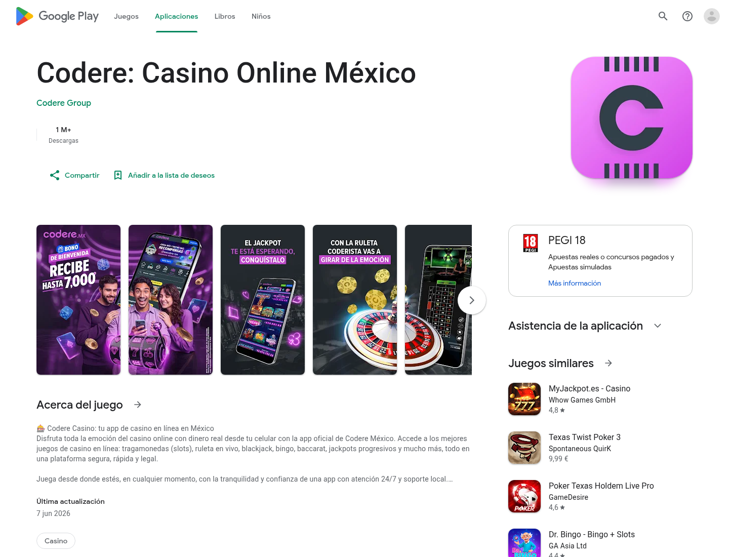 Ficha de Codere Casino Online México en Google Play capturada el 11 de agosto de 2026