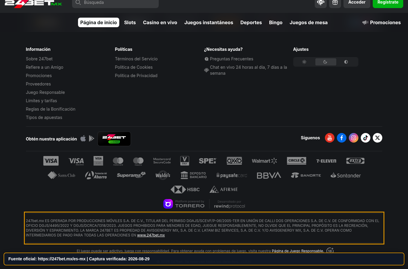 Información legal visible de 247Bet