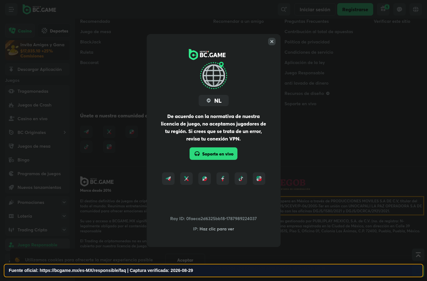 Página legal de BC.Game con entidad y permiso declarados