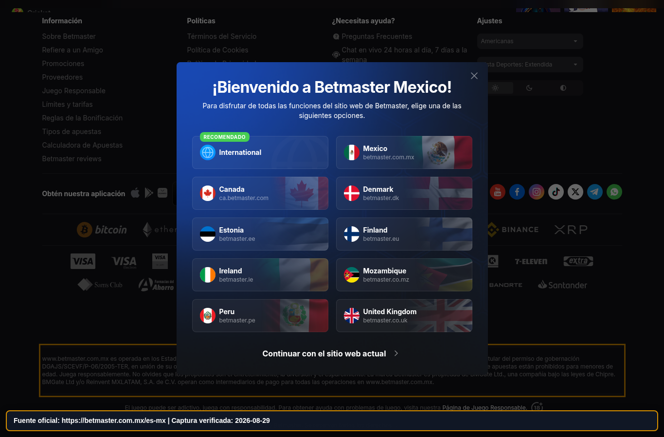 Identificación legal declarada por Betmaster