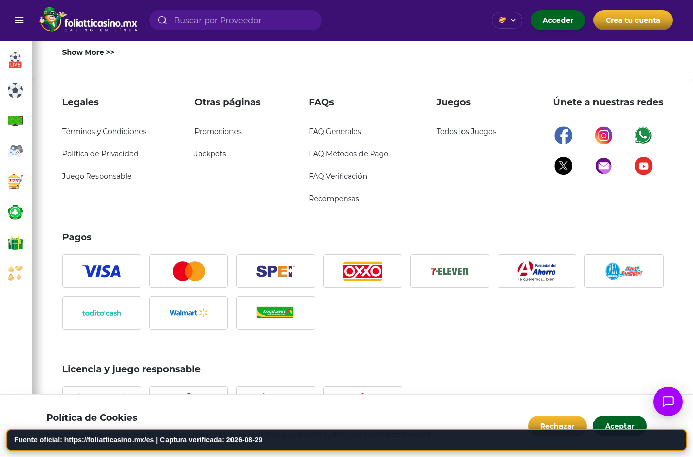 Captura de la página legal de Foliatti Casino
