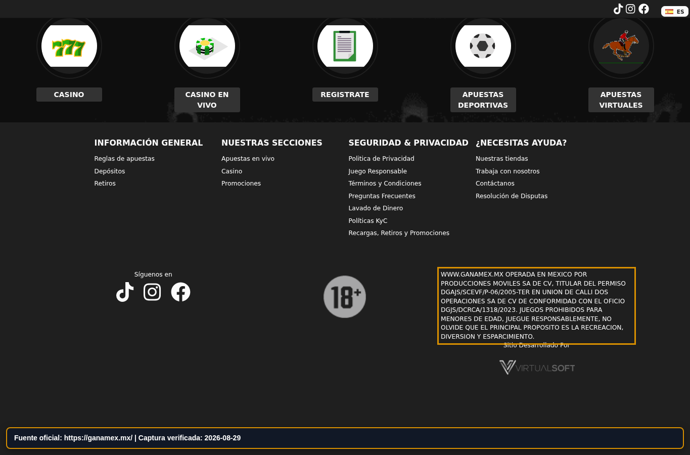 Información legal mostrada por Gana Casino