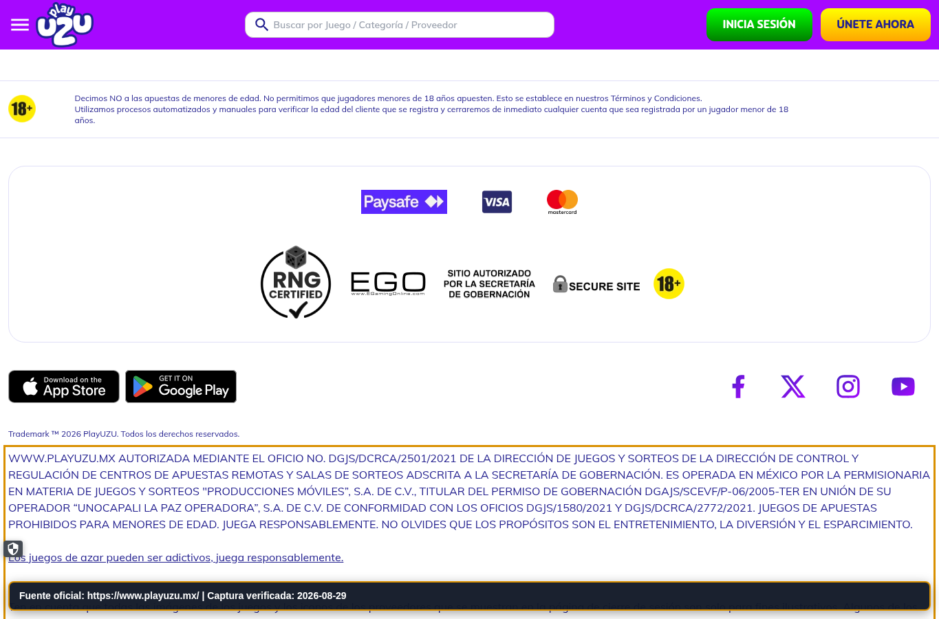 Página legal de Play UZU