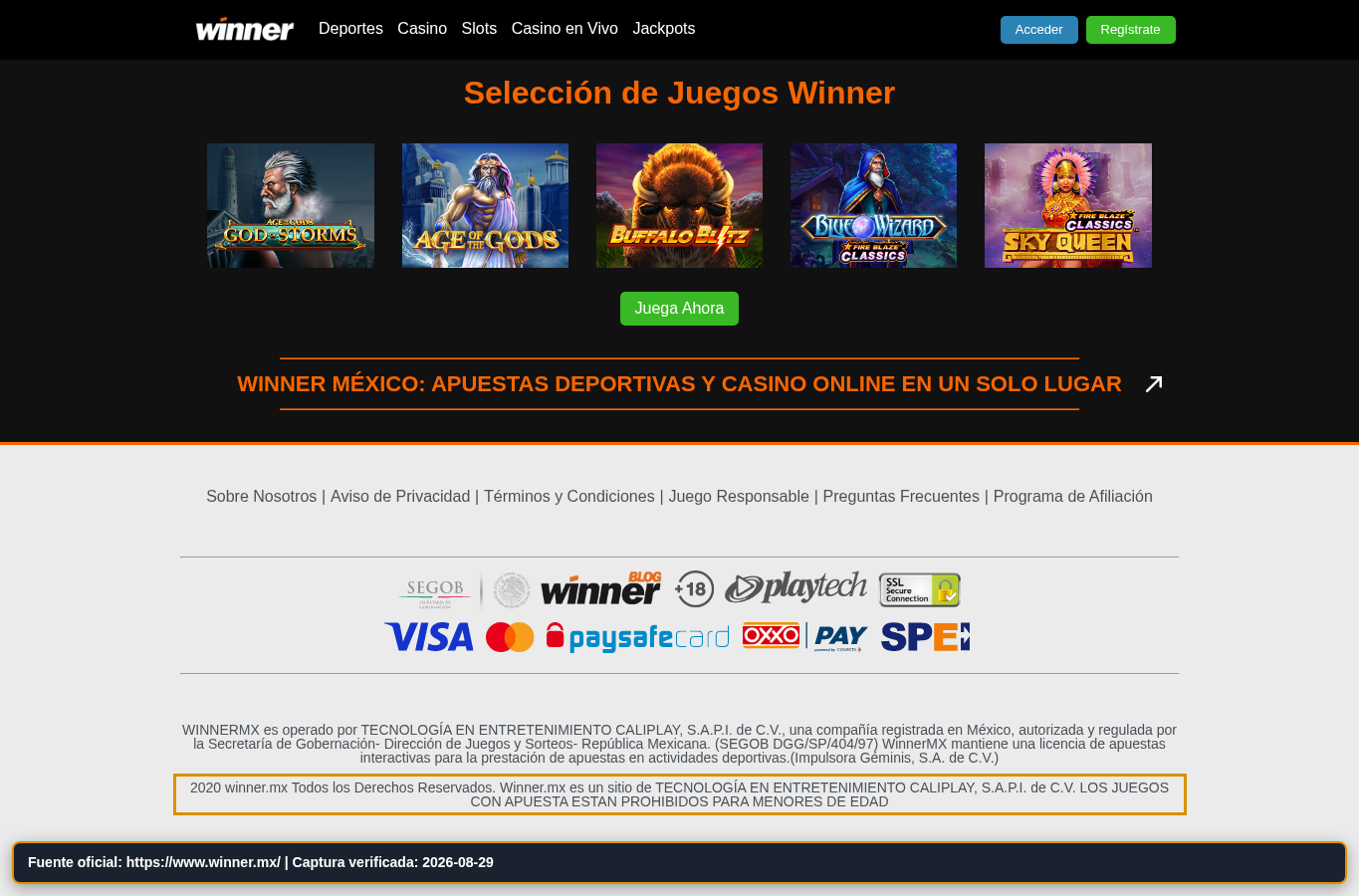 Página legal de Winner y entidad visible
