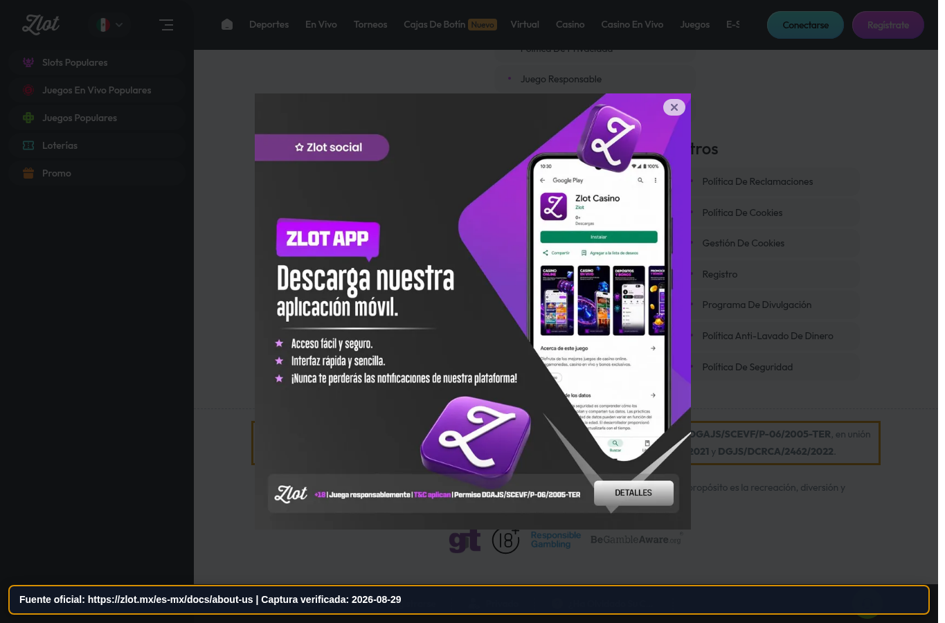 Identidad declarada en la página legal de Zlot