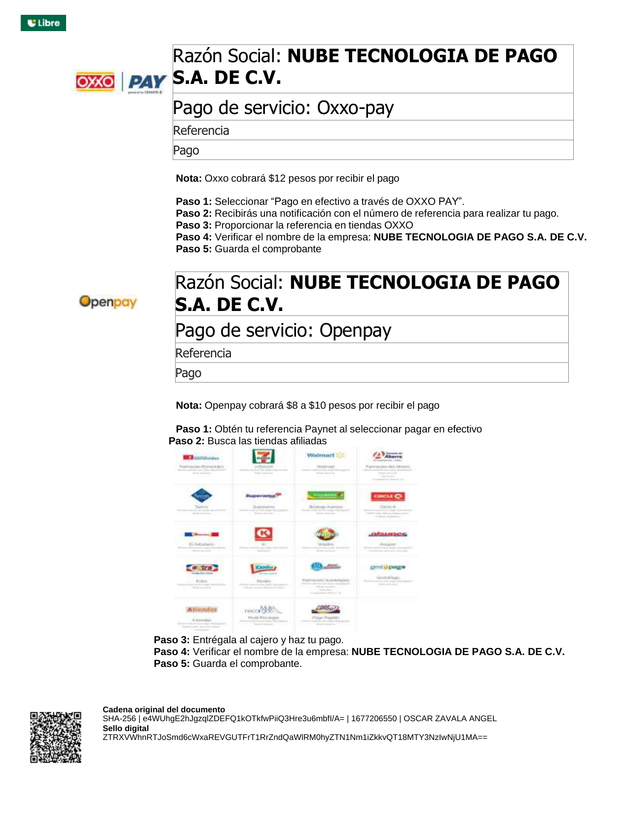 Instrucciones OXXO Pay incluidas en un contrato registrado por PROFECO